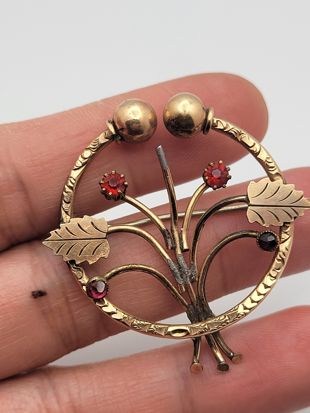 Antique Victorian Gold Filled Brooch Red Paste Botanical Circle Pin c1880s